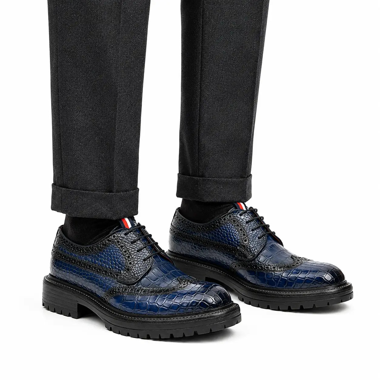Derby Brogue in coccodrillo blu bicolor