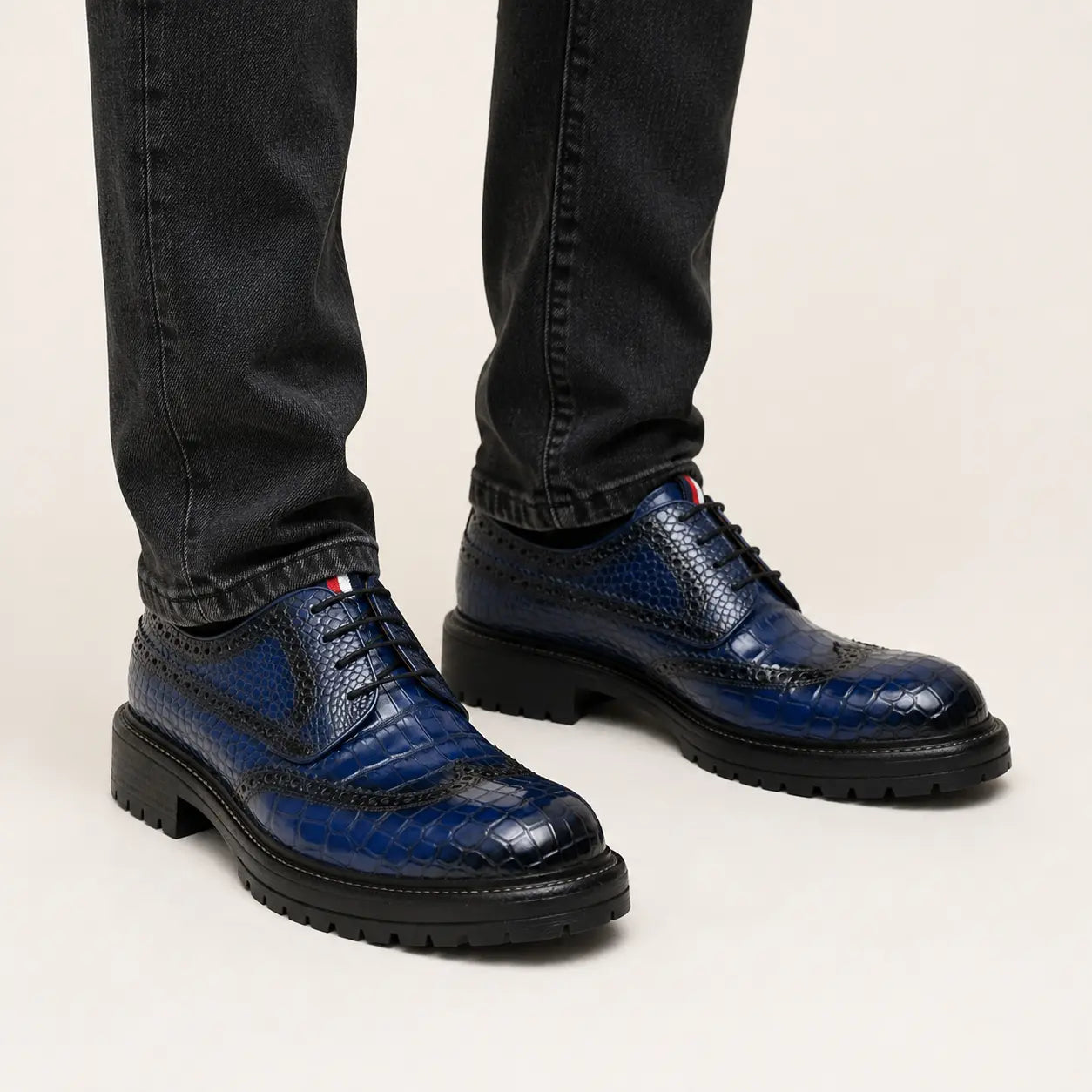 Blue Crocodile Lug Derby Shoes — on-foot studio view