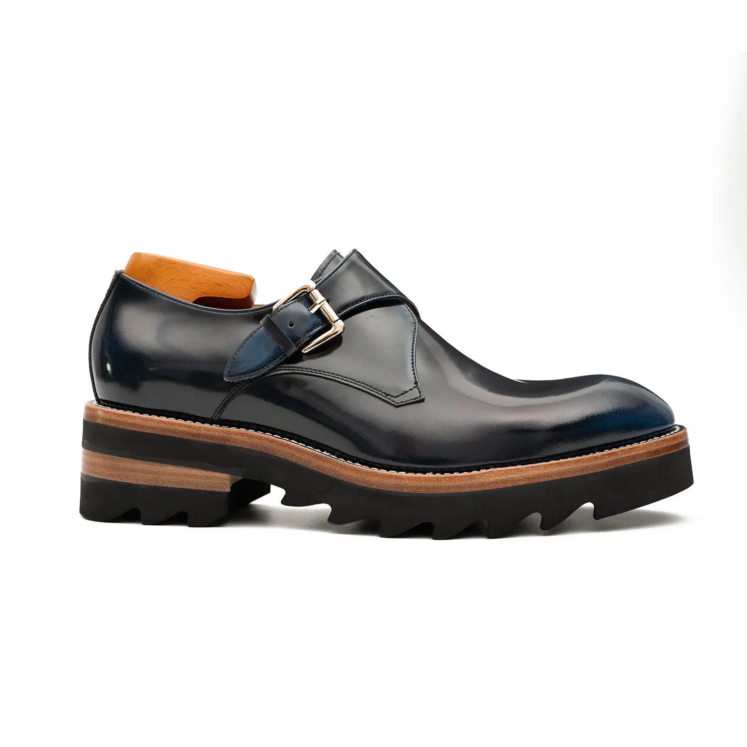 Blue Leather Monk Strap Shoes with Chunky Soles DIVINCH