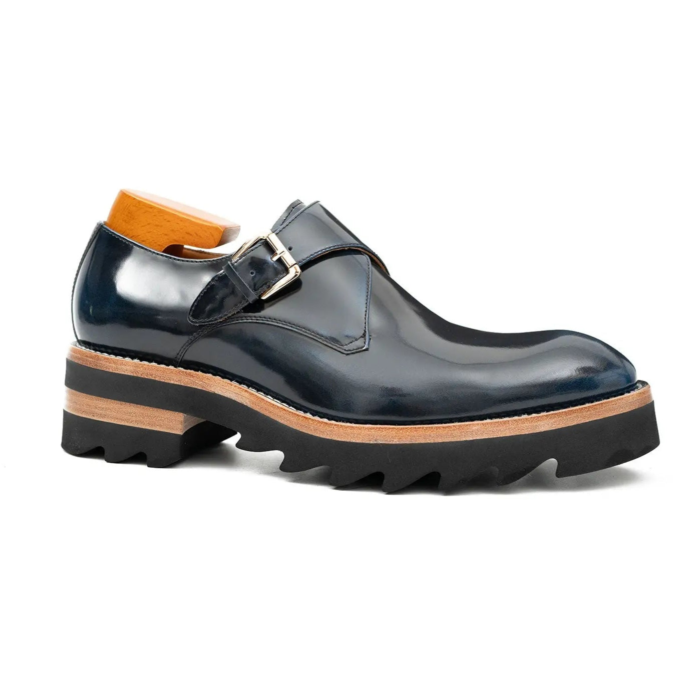 Blue Leather Monk Strap Shoes with Chunky Soles DIVINCH