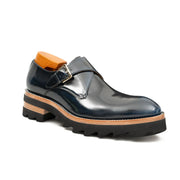Blue Leather Monk Strap Shoes with Chunky Soles DIVINCH