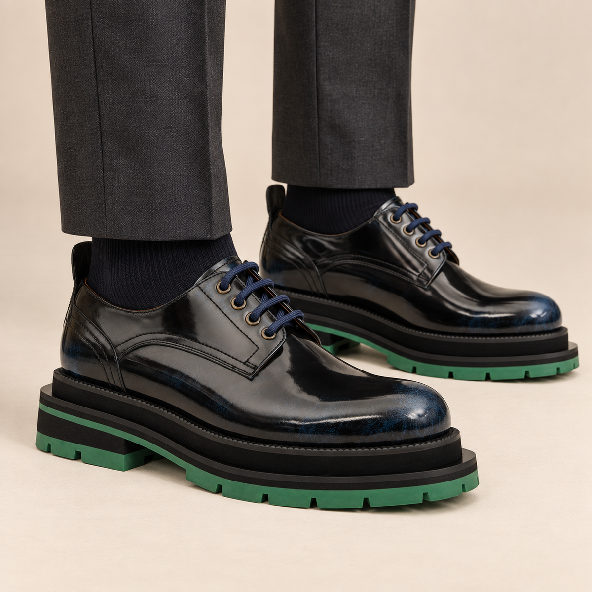 Blue Shaded Black Glossy Platform Derby Shoe DIVINCH