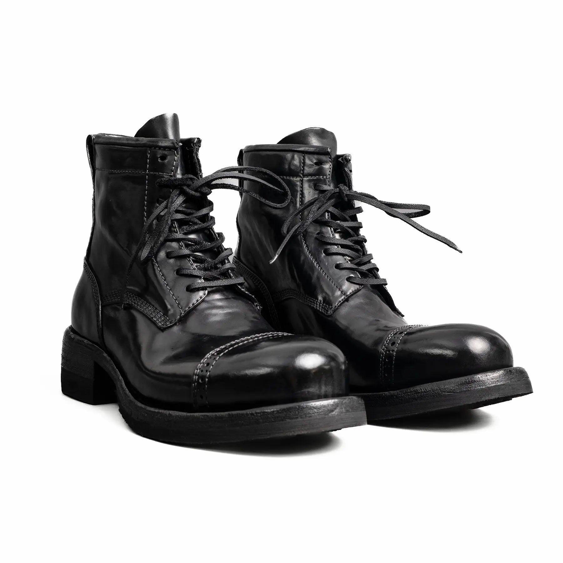 Black Horsehide Cap-Toe Combat Boots