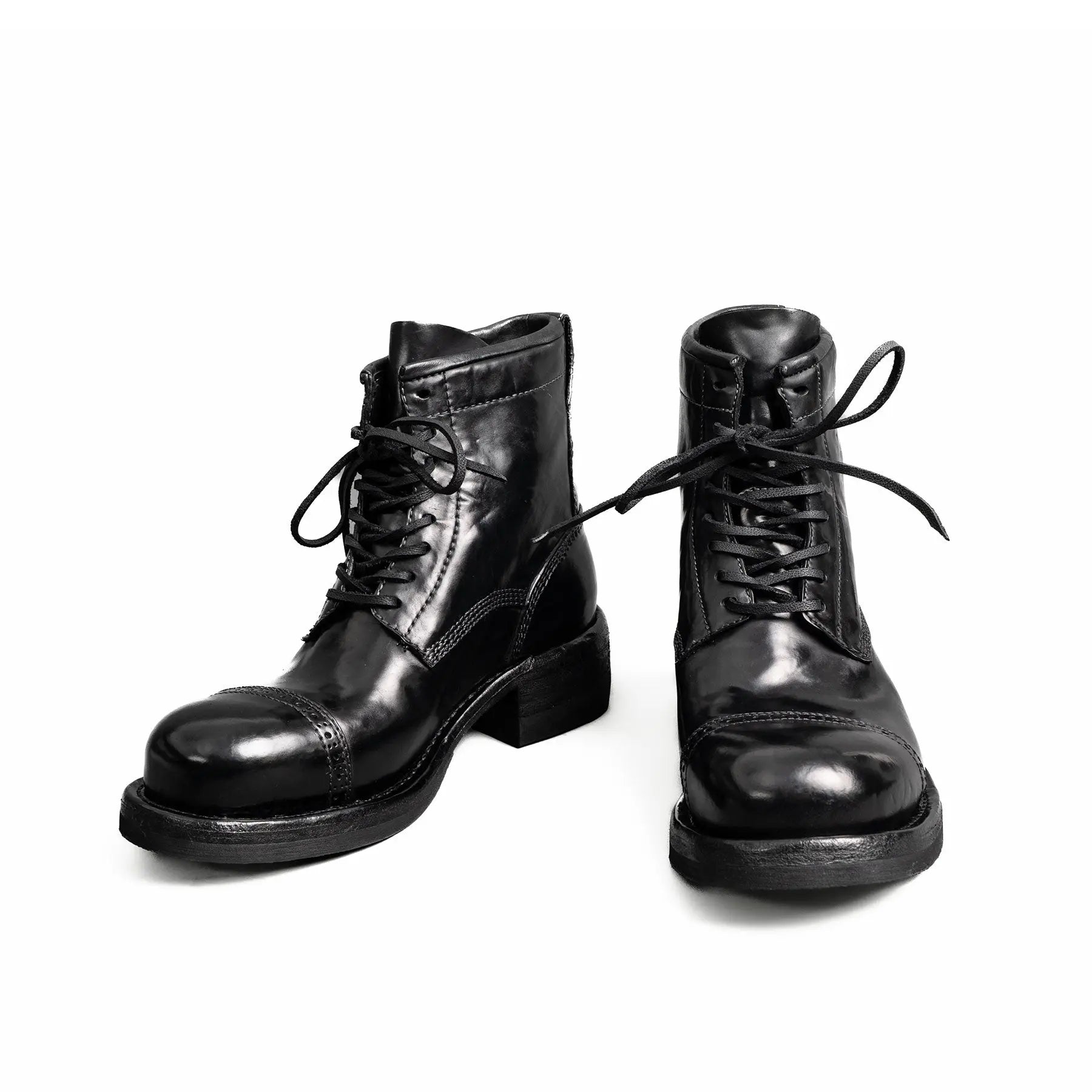 Black Horsehide Cap-Toe Combat Boots