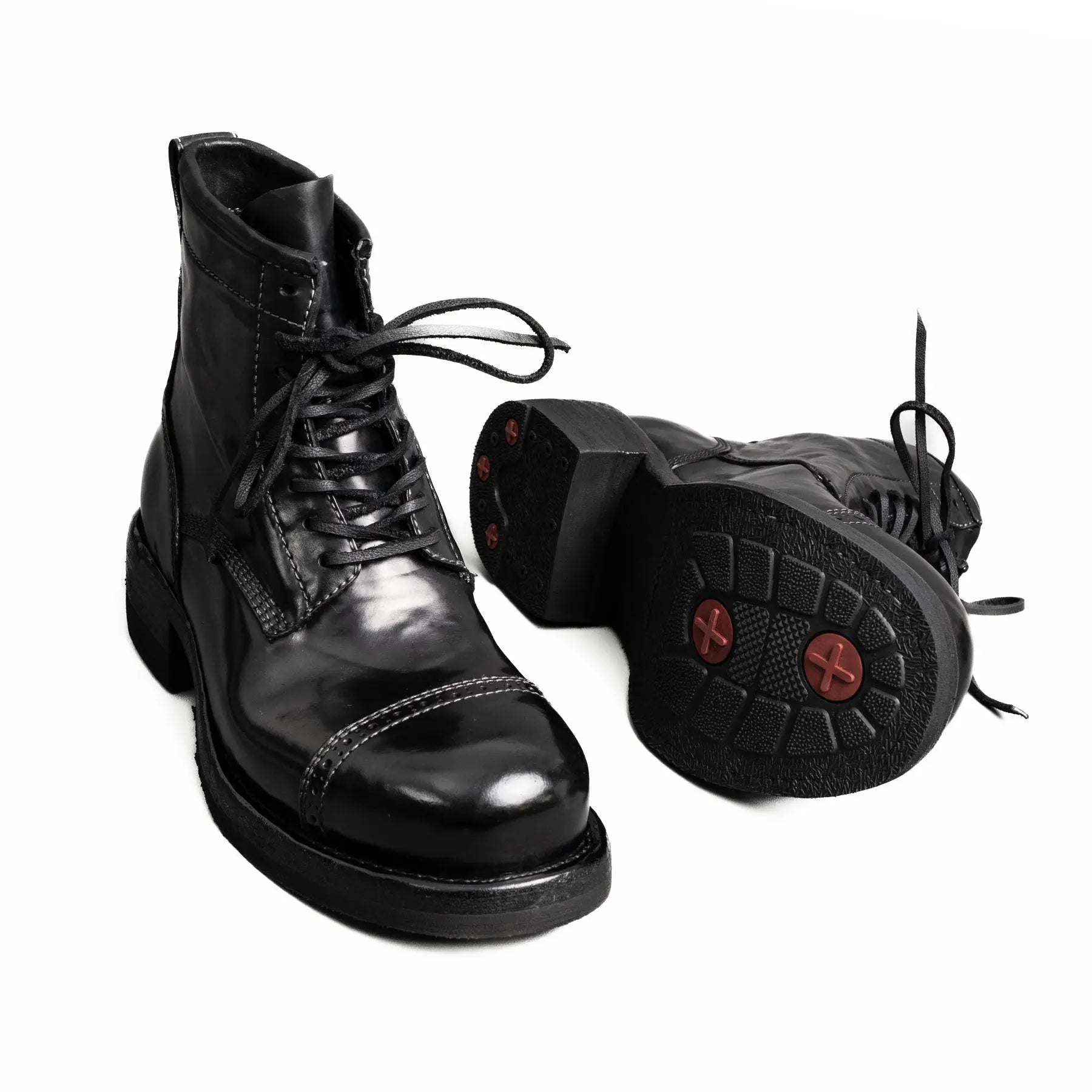 Black Horsehide Cap-Toe Combat Boots