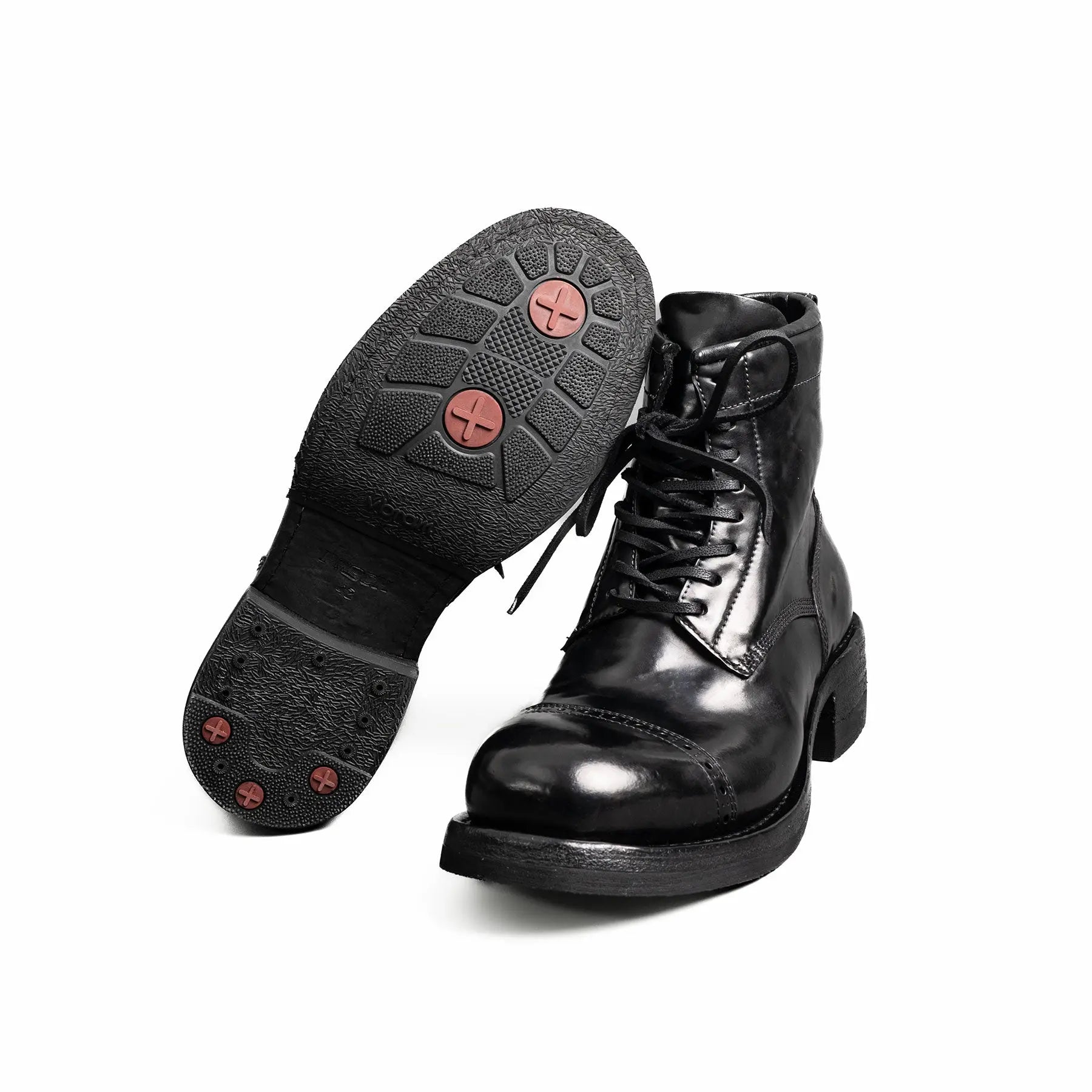 Black Horsehide Cap-Toe Combat Boots