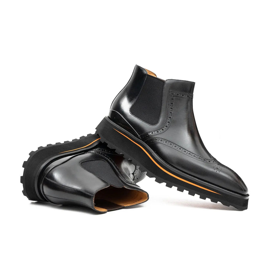 Bottes Chelsea à semelle épaisse et brogues noires pour hommes