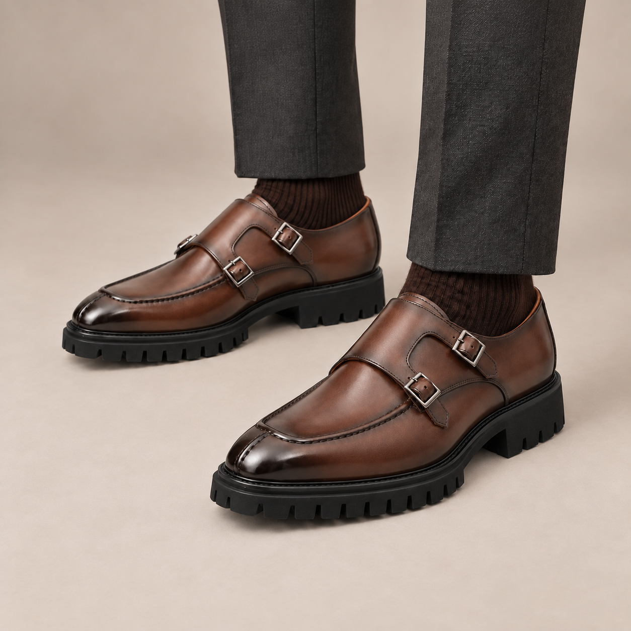 DIVINCH 6768A brown apron-toe double monk strap shoes with lug sole on foot