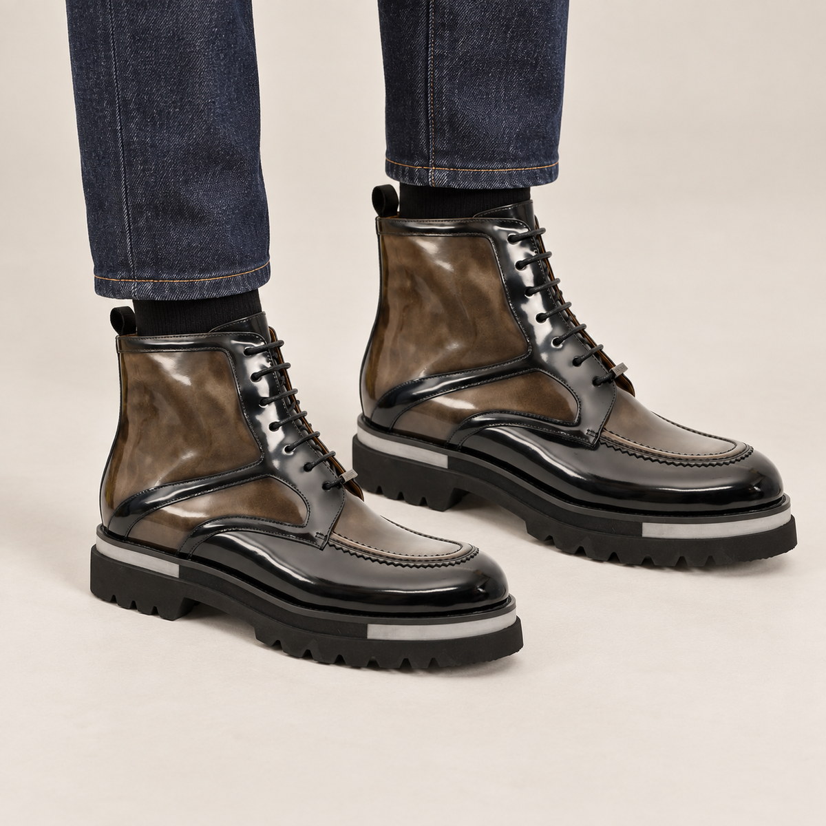Bronze-Shaded Black Lug-Sole Apron-Toe Ankle Boot DIVINCH