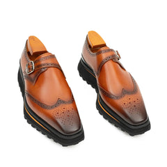 Brown Brogue Monk Shoes With Chunky Sole Divinch