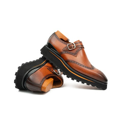 Brown Brogue Monk Shoes With Chunky Sole Divinch