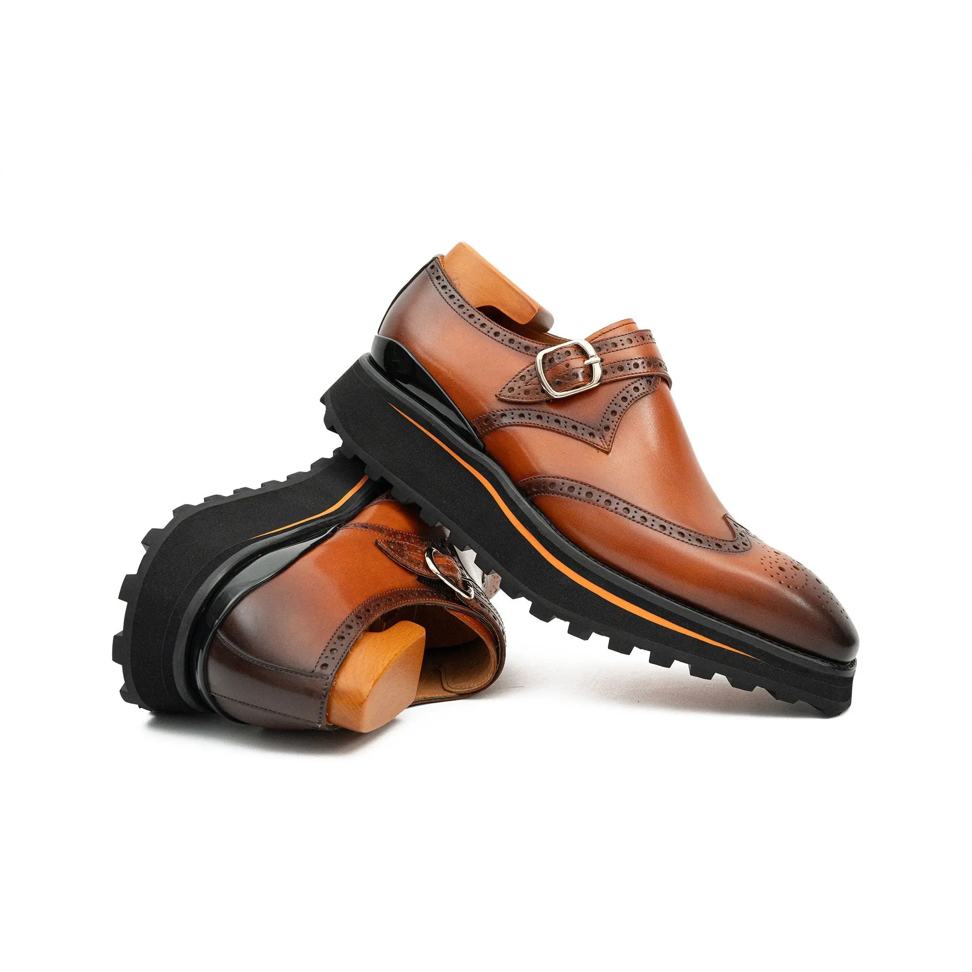 Brown Brogue Monk Shoes With Chunky Sole Divinch