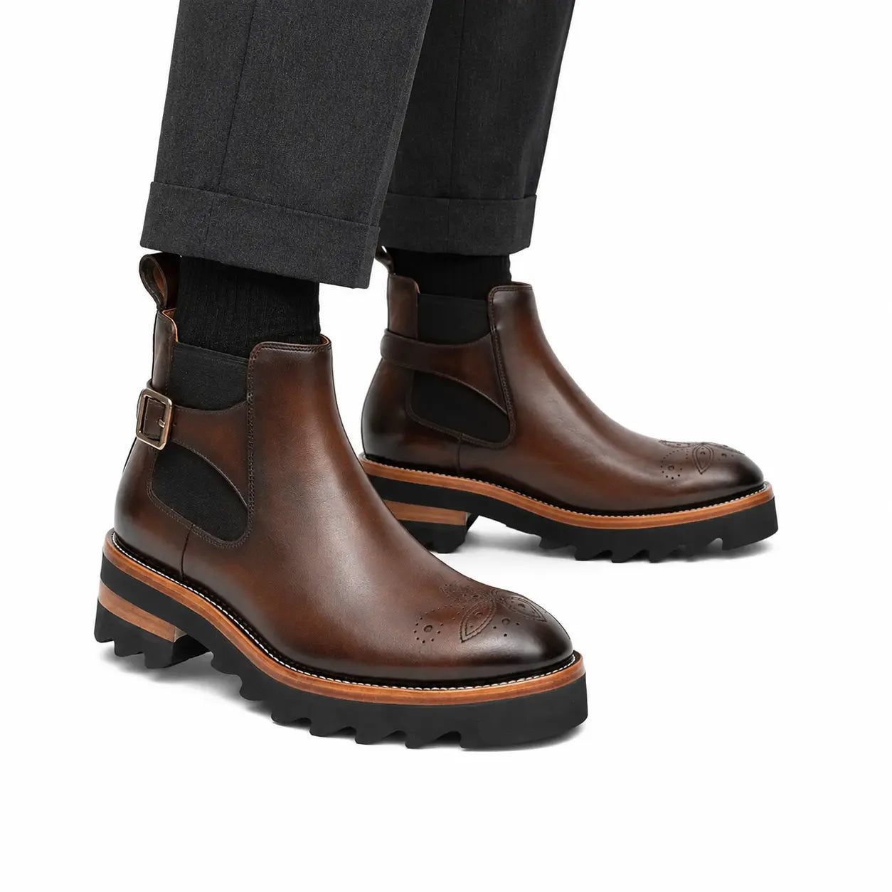 Stivali Chelsea wingtip in pelle di vitello marrone