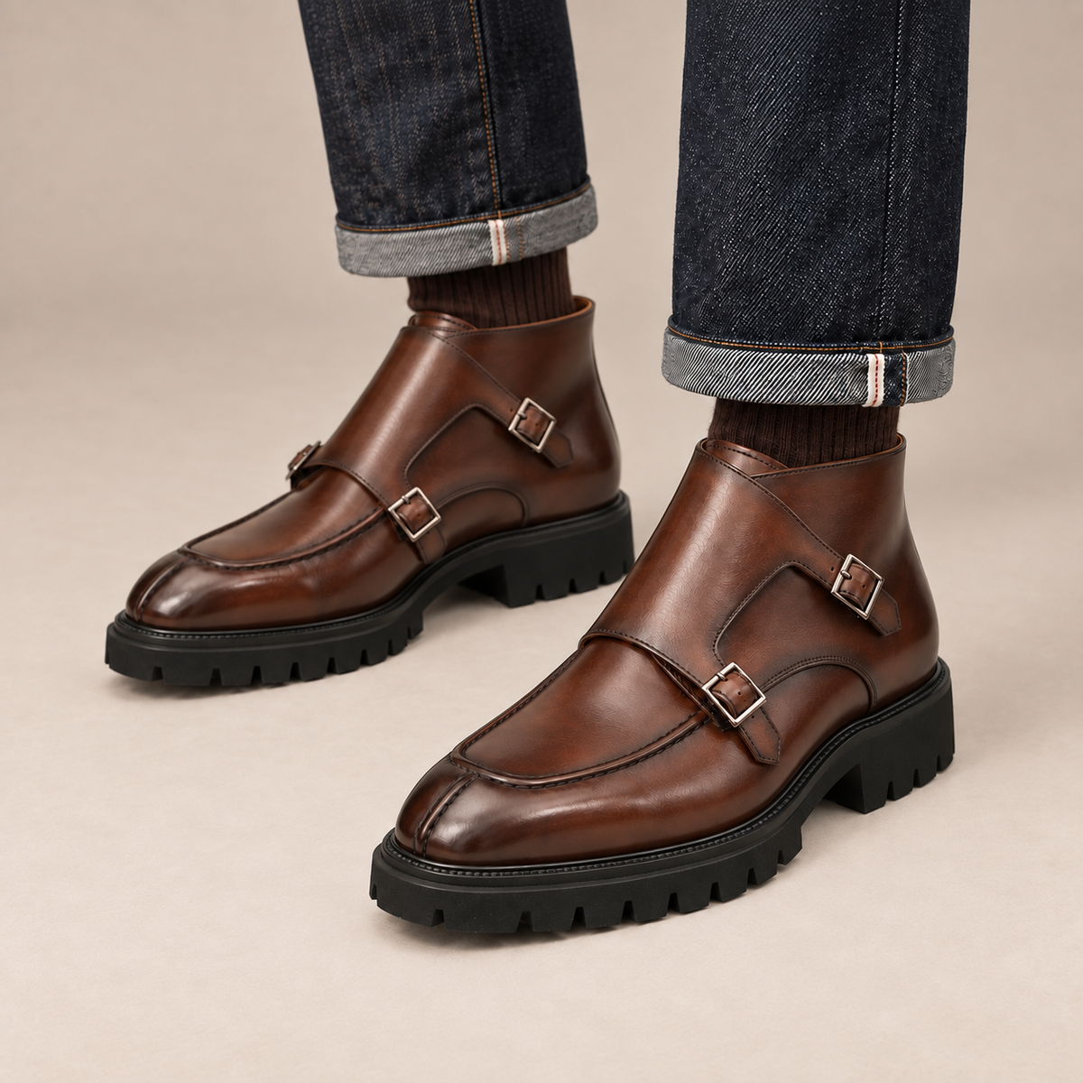 DIVINCH 6766A brown lug sole double buckle monk ankle boots on foot