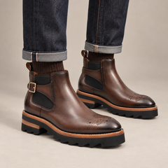 Brown Round-Toe Chelsea Boots with Ankle Buckle — DIVINCH hero image, natural staggered stance