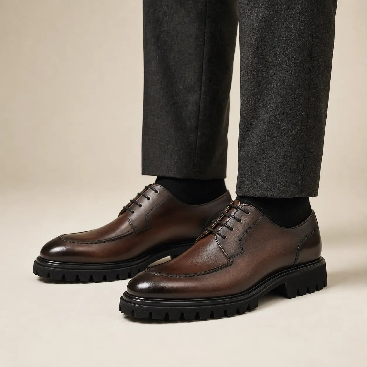 Brown Calfskin Derby — on-foot studio view