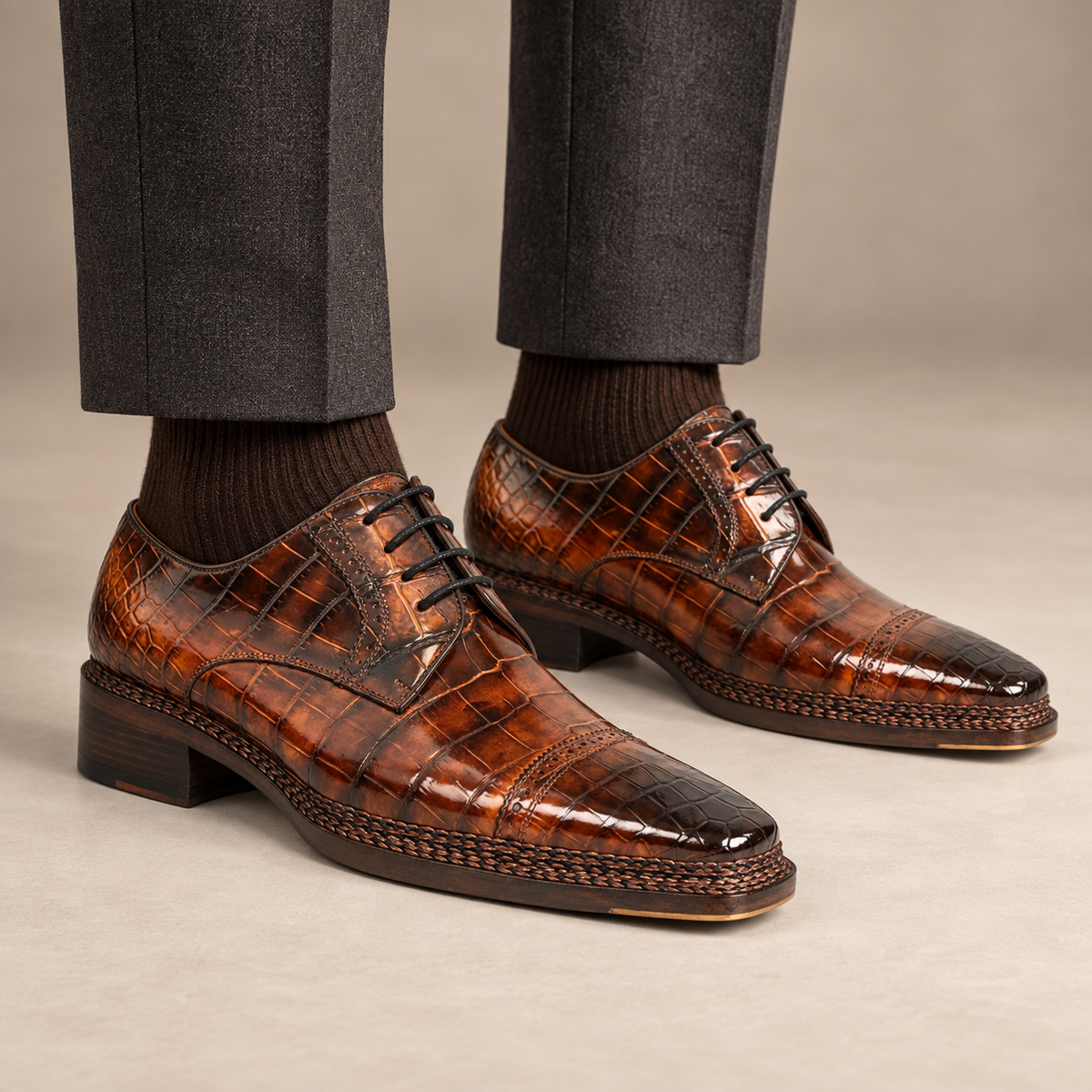 Brown Cap-Toe Derby Shoes with Scale-Pattern Texture — DIVINCH hero image