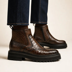 DIVINCH coffee-brown crocodile Chelsea lug boot on foot — warm studio side profile