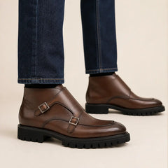 DIVINCH brown double monk strap lug boot on foot