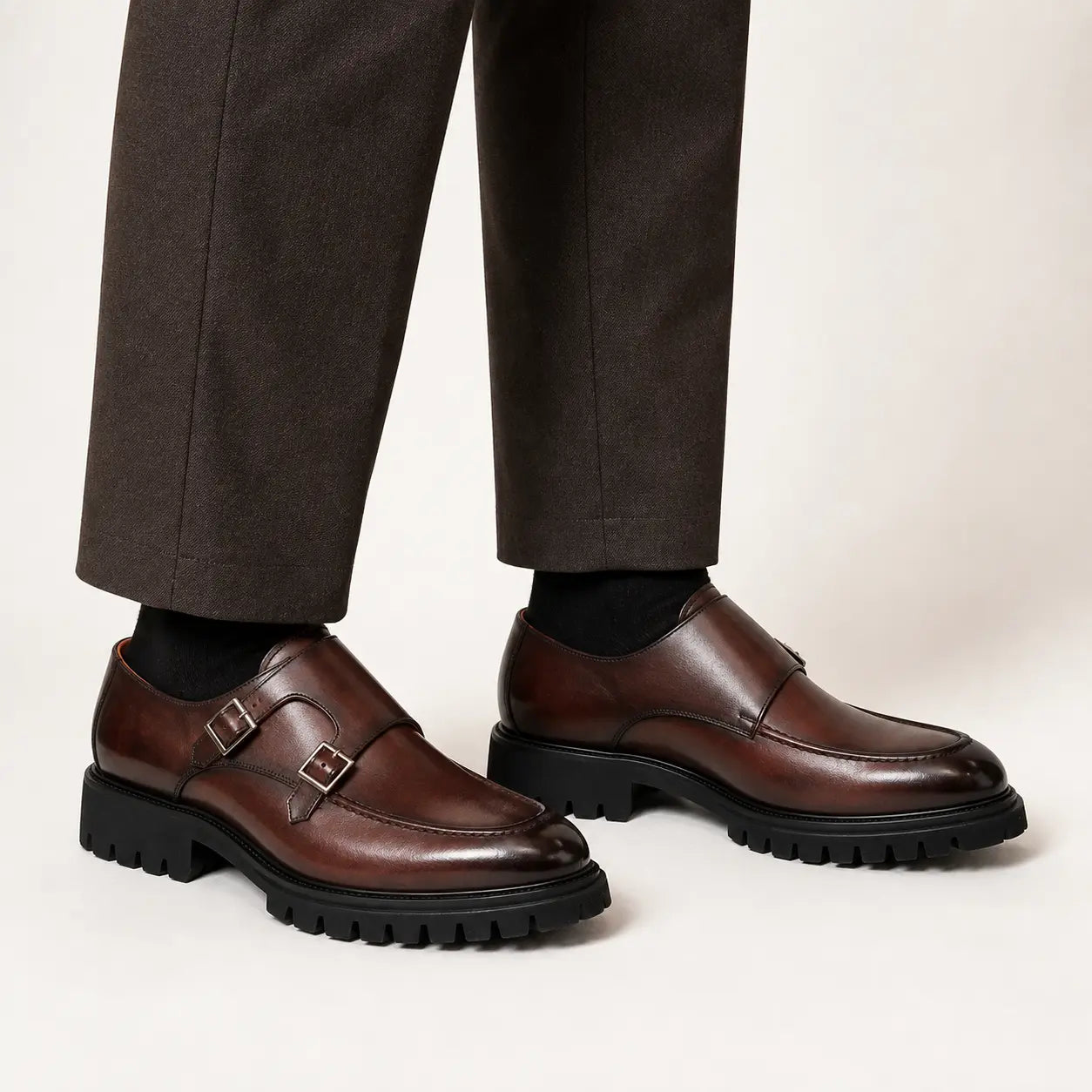Brown Double Monk Strap — on-foot studio view