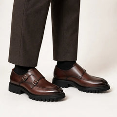 Brown Double Monk Strap — on-foot studio view