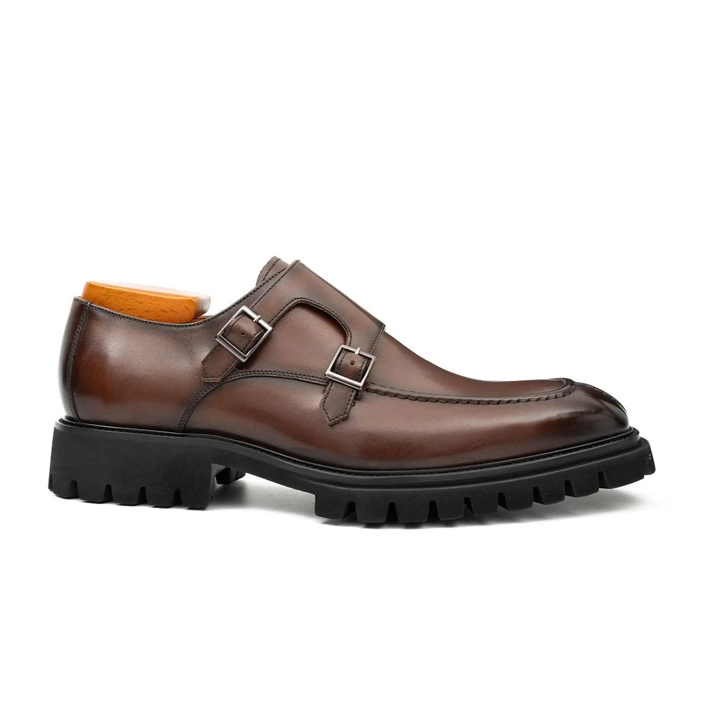 Brown Double Monk Strap Leather Shoes DIVINCH