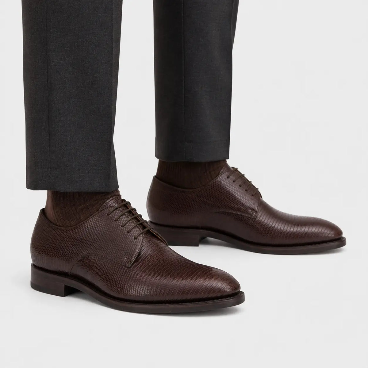 Brown Lizard Leather Derby Shoe on-foot studio view