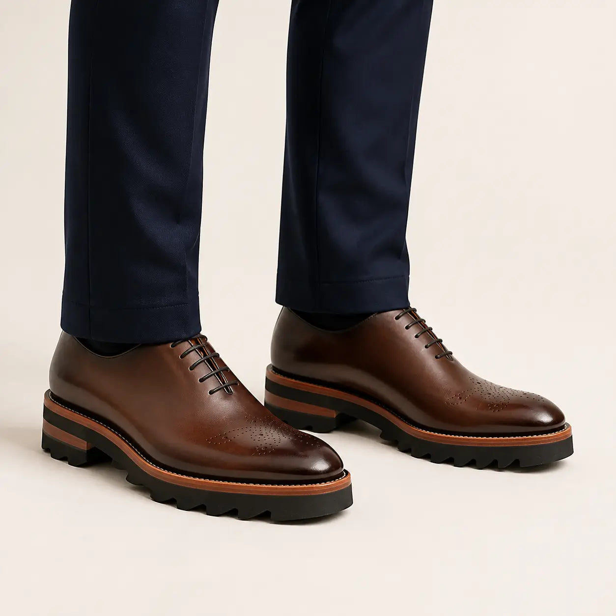 Brown Medallion Oxford with Lug Sole — on-foot studio view