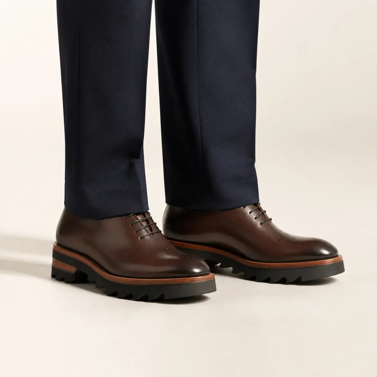 Brown Medallion Oxford with Lug Sole — on-foot studio view
