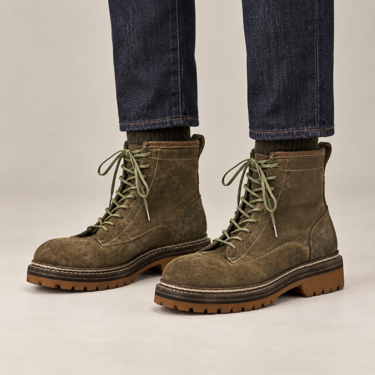 DIVINCH 5105C olive-brown suede eight-eyelet tan lug-sole ankle boots on foot