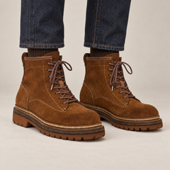 DIVINCH 5105A warm brown suede eight-eyelet lug-sole ankle boots on foot