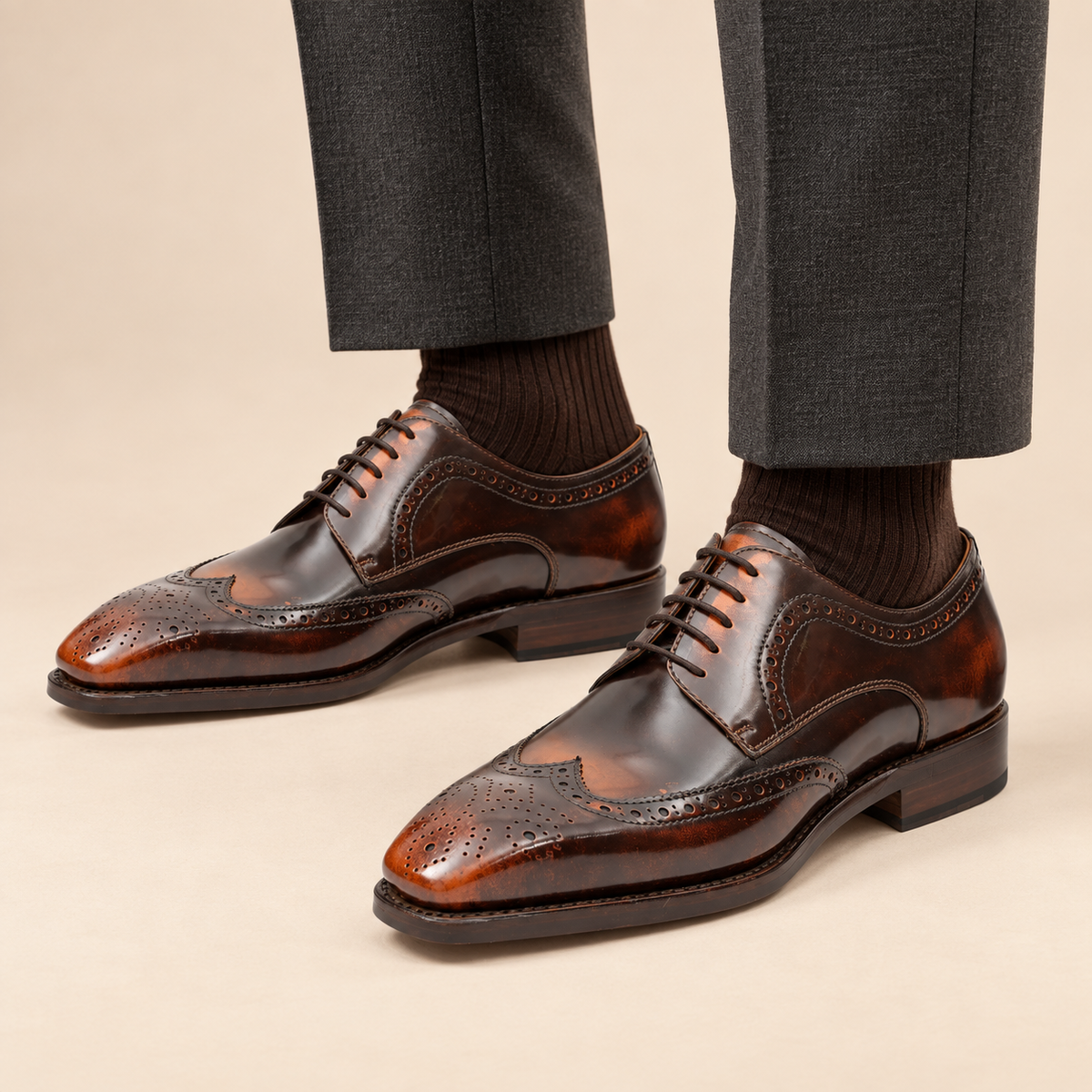Brown Calfskin Wingtip Derby Shoes with Contrasting Panels – DIVINCH