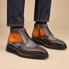 Two-tone wingtip zipper ankle boots on raw indigo denim - DIVINCH 2890C