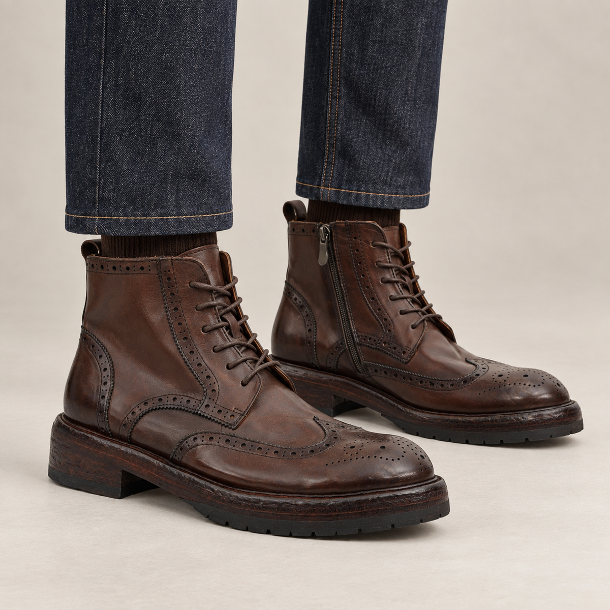 DIVINCH 261215A dark brown wingtip brogue ankle boots on foot