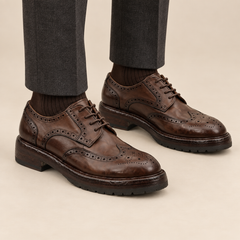 Brown Glossy Treaded-Sole Wingtip Derby Shoe on-foot hero