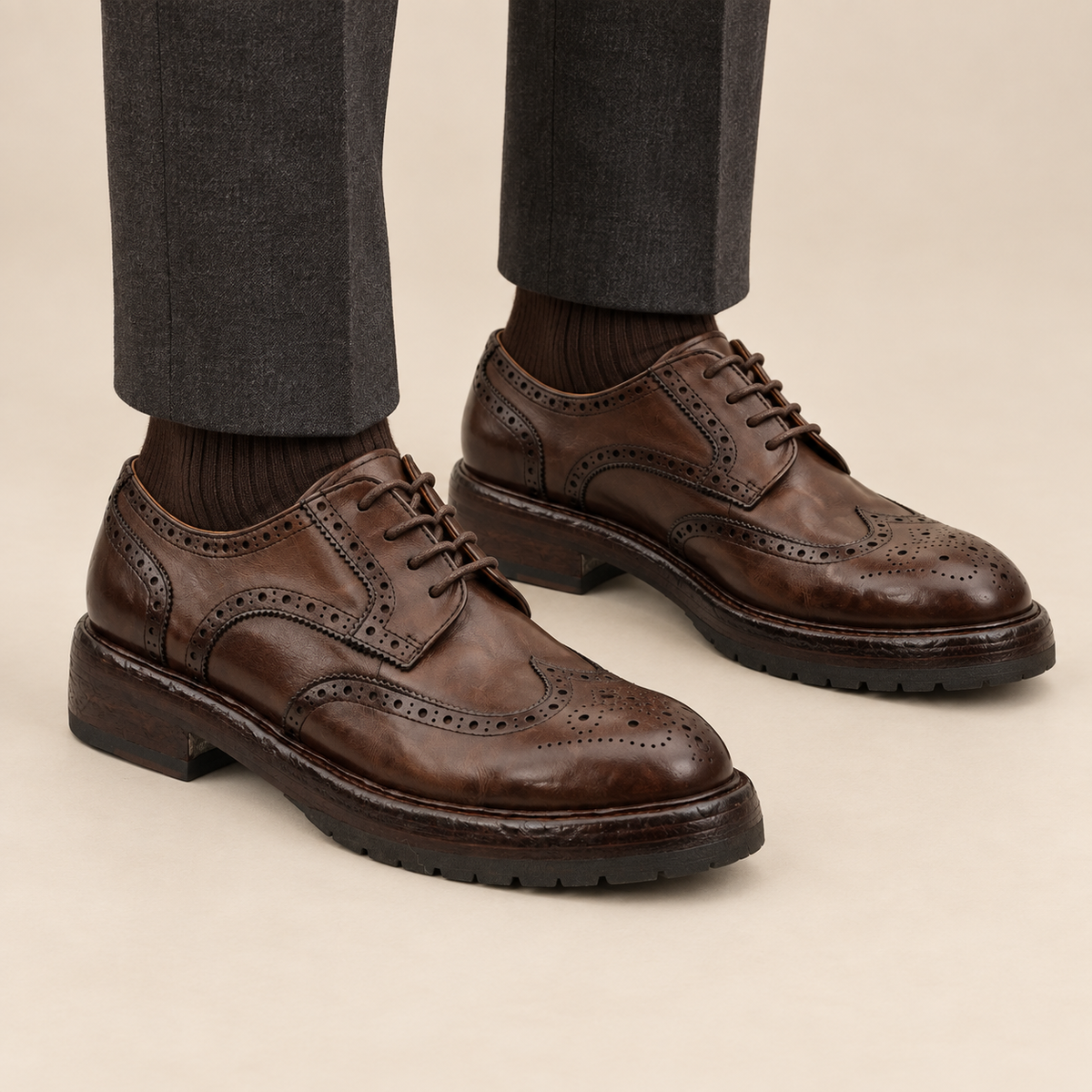 Brown Glossy Treaded-Sole Wingtip Derby Shoe on-foot hero