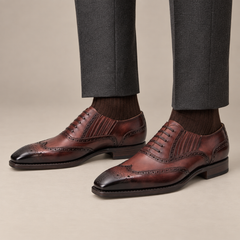 Reddish Brown Wingtip Oxford Shoes with Ribbed Panels — on-foot studio hero