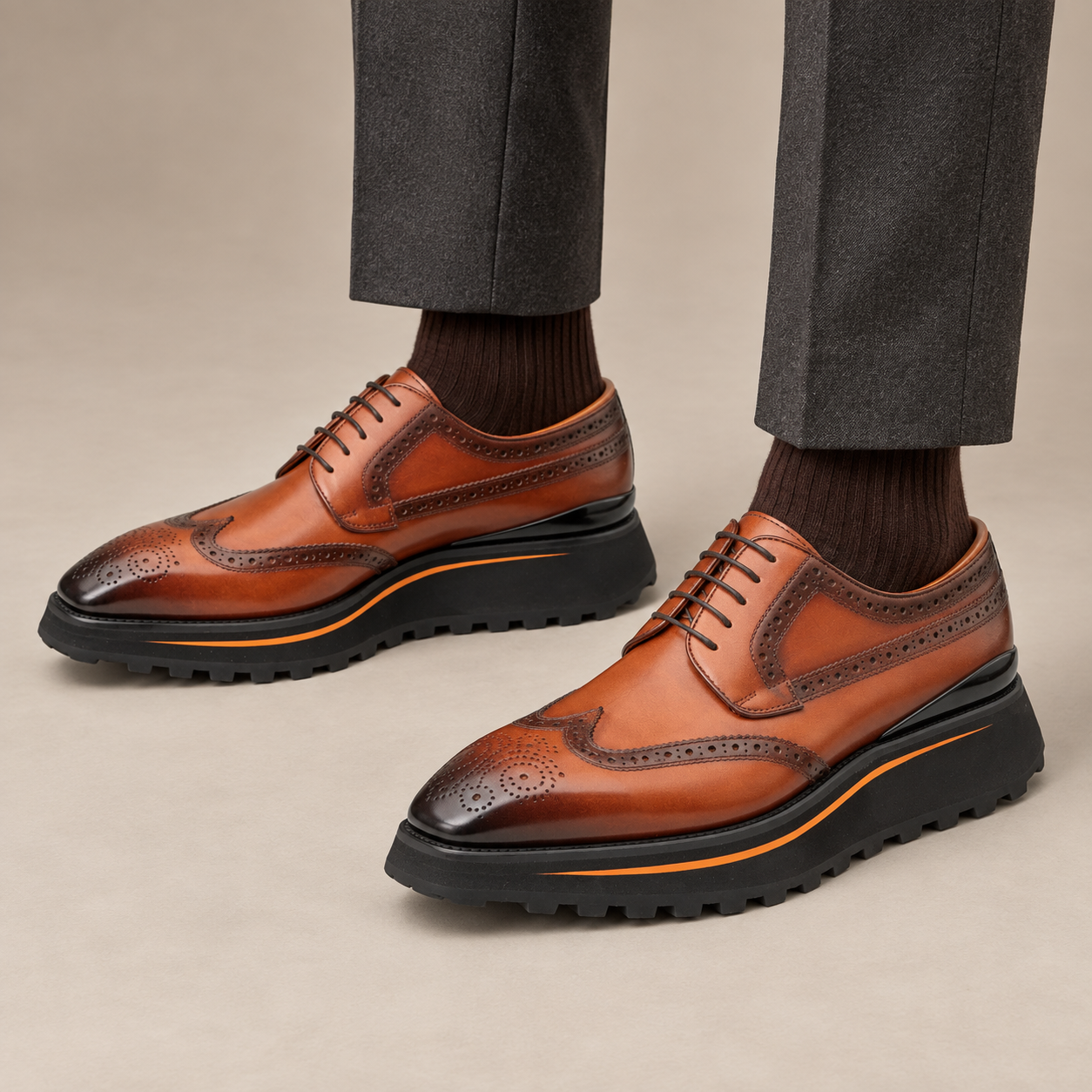 DIVINCH 2886A brown wingtip Derby shoes — balanced premium on-foot studio view