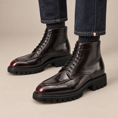 DIVINCH 6765A Dark Burgundy Lug Sole Apron-Toe Lace-Up Ankle Boot on foot