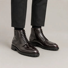 Burgundy Apron-Toe Lace-Up Boots on-foot product photo
