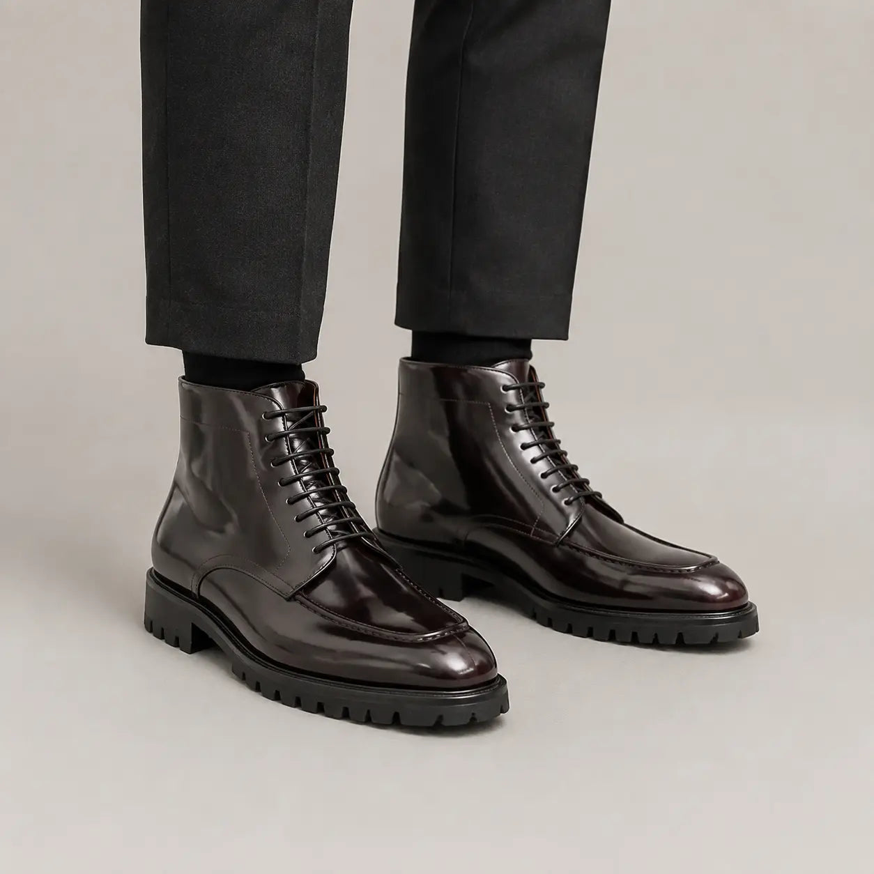 Burgundy Apron-Toe Lace-Up Boots on-foot product photo