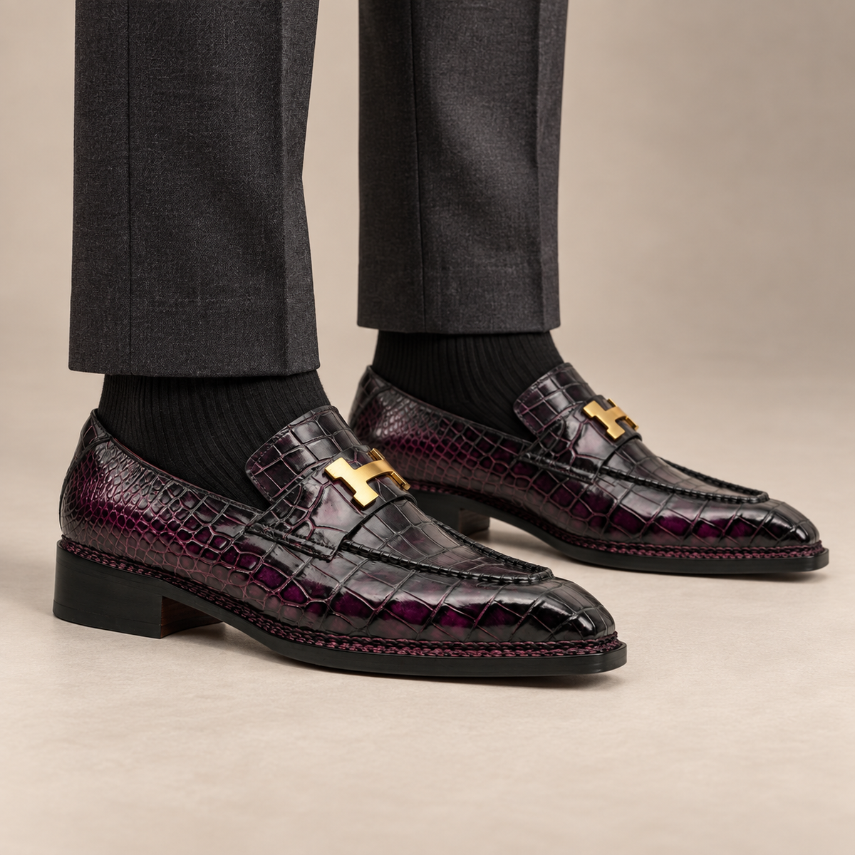 Black and Burgundy-Purple Textured Apron-Toe Bit Loafer DIVINCH