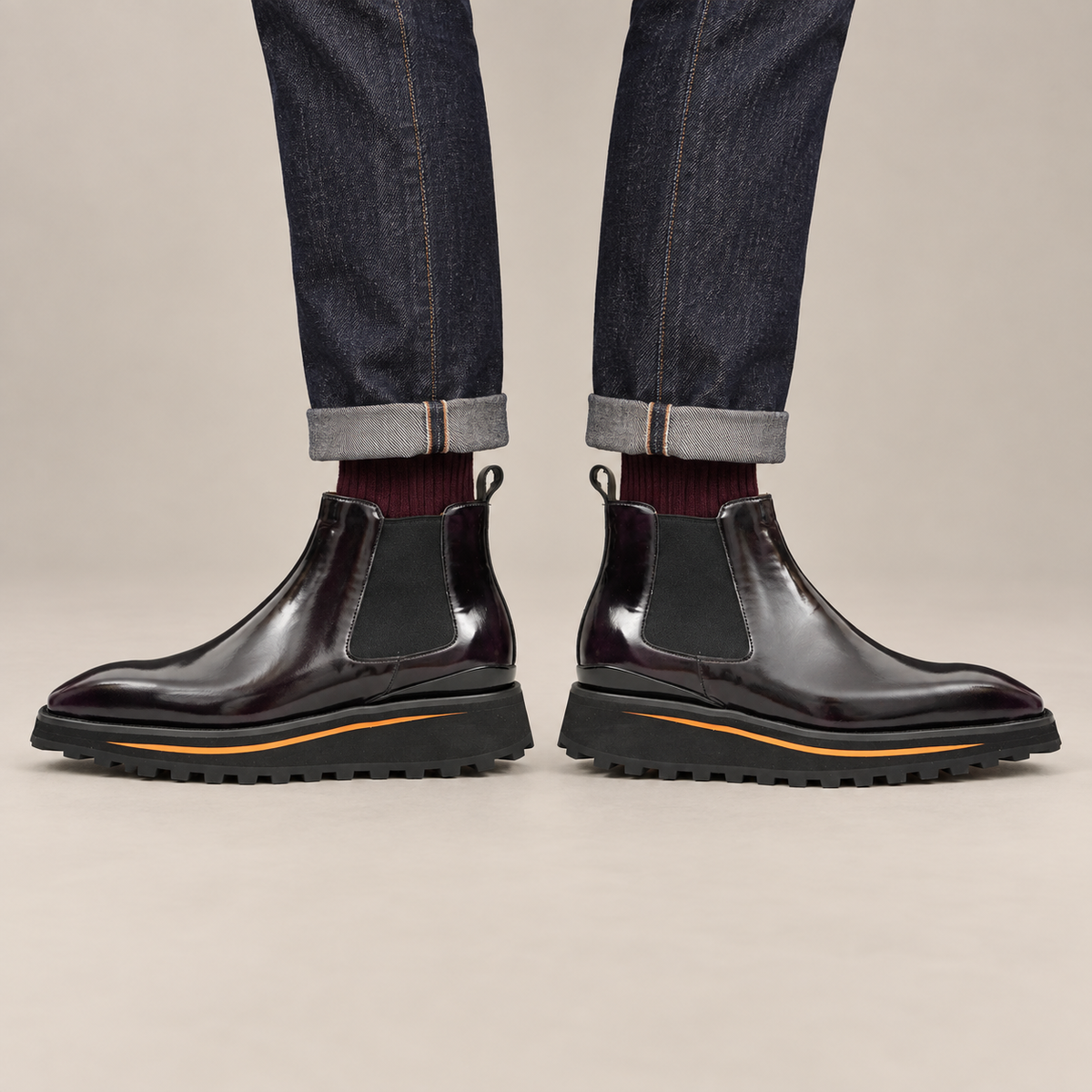 Very Dark Burgundy-Purple Plain-Toe Chelsea Boots with Pull Tab — DIVINCH hero image