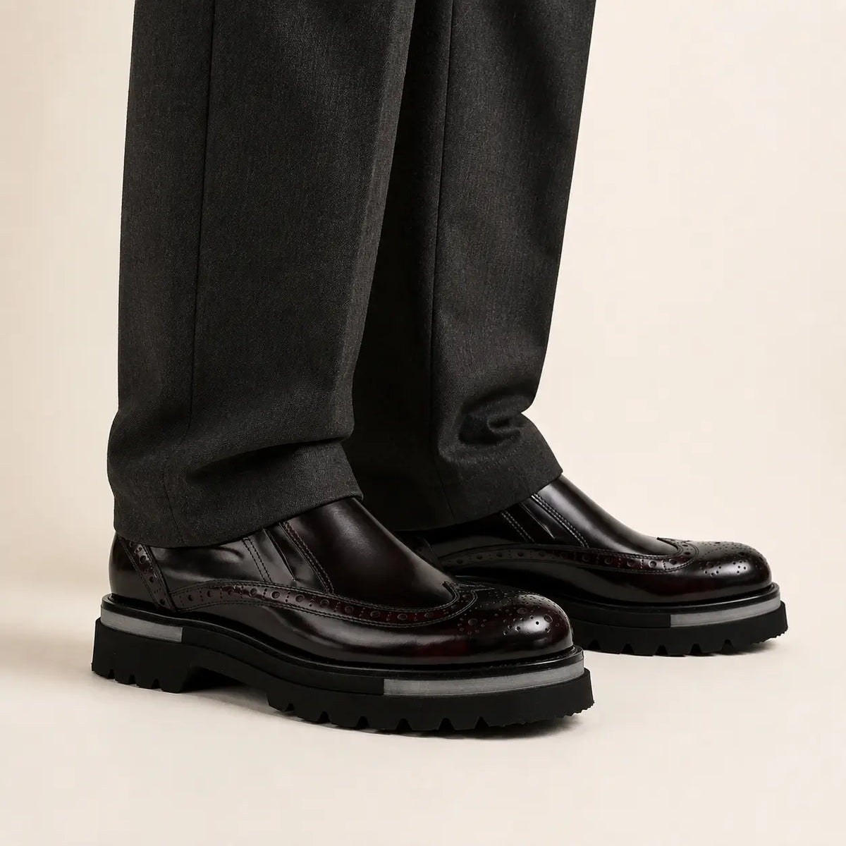 Burgundy Brogue Lug-Sole Loafer on-foot studio view