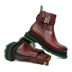 Burgundy Buckle Boots with Green Sole DIVINCH
