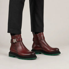 Burgundy Buckle Boots with Green Sole on-foot product photo
