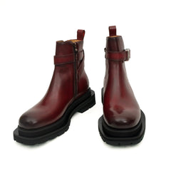 Burgundy Buckle Zip Ankle Boots DIVINCH