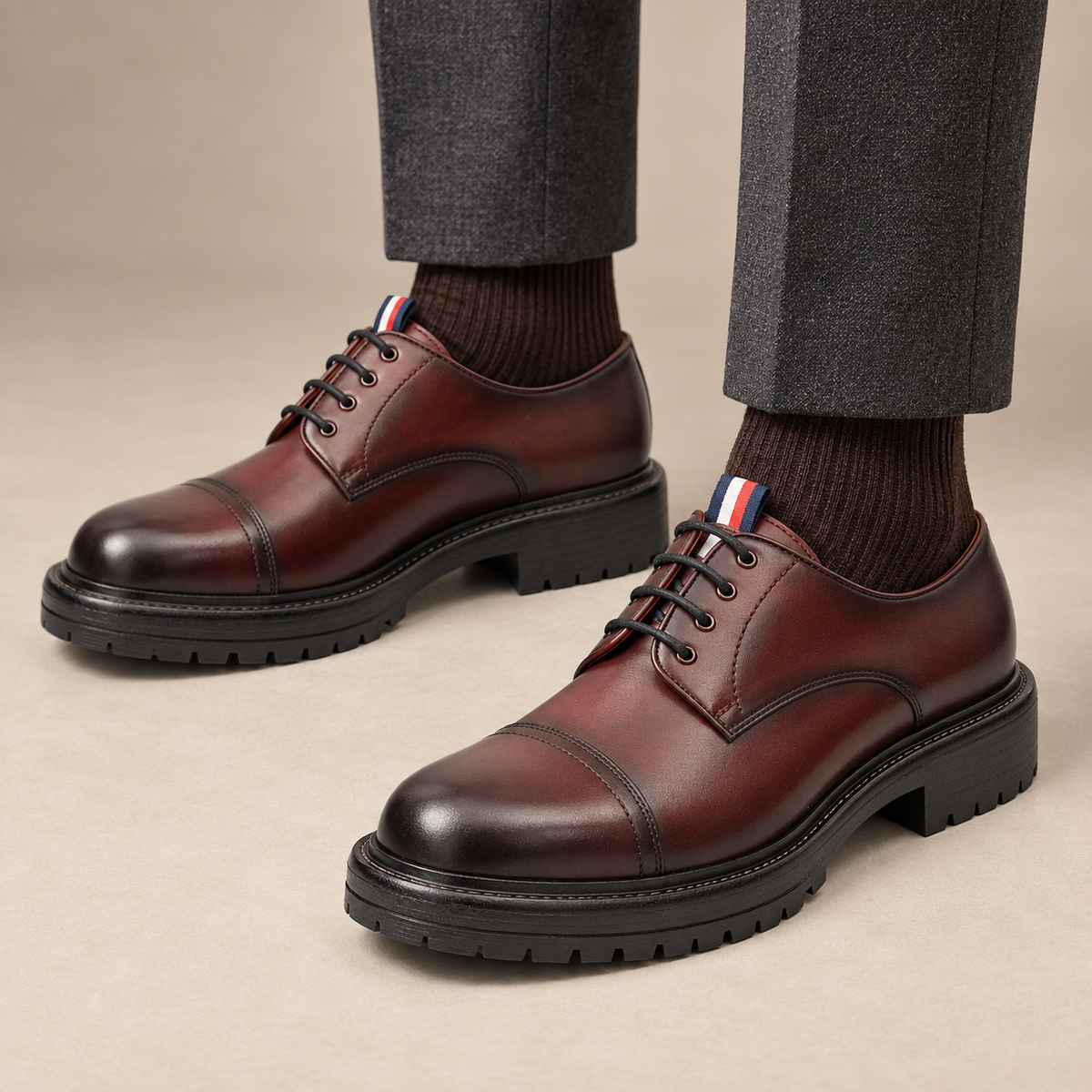 DIVINCH 2892A-WR dark wine cap-toe Derby shoes — balanced premium on-foot studio view