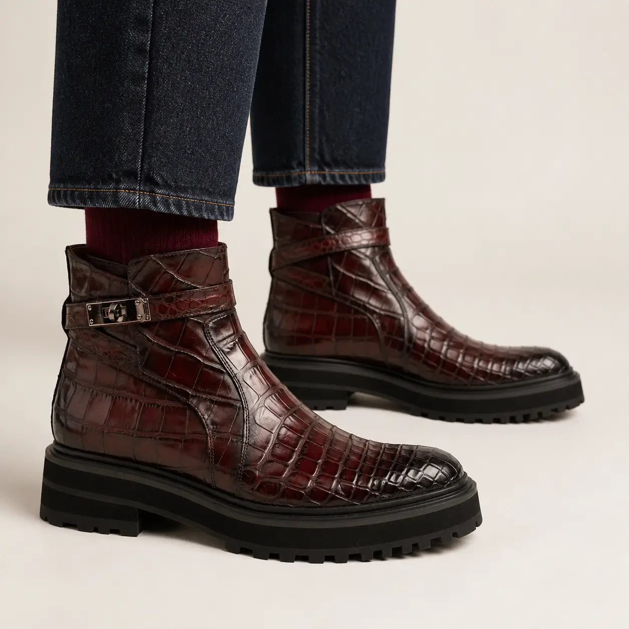 DIVINCH burgundy crocodile buckle Chelsea boot on foot — warm studio side profile
