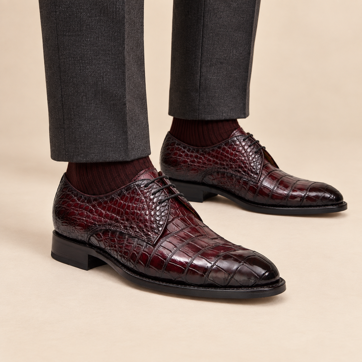 DIVINCH E839 burgundy crocodile Derby shoes on-foot hero